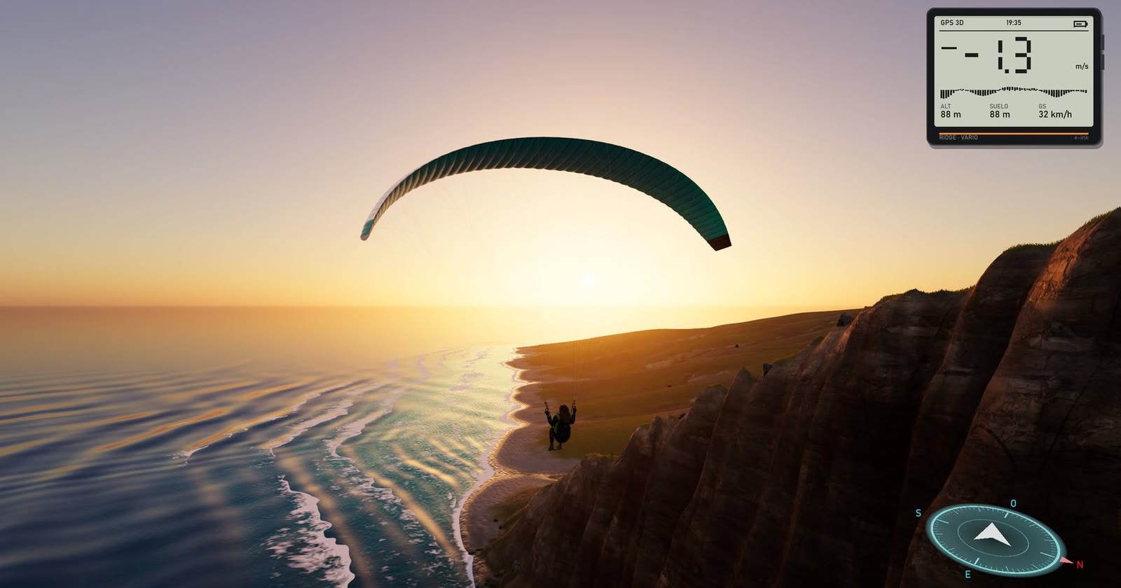 A paraglider soaring past the sea cliff at sunset, with the vario and compass on screen